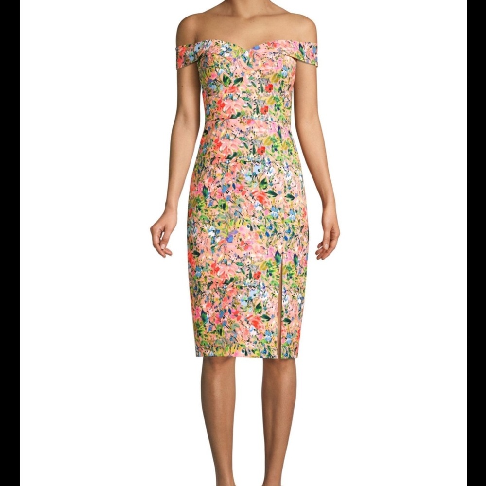 Floral Off-the-Shoulder Short-Sleeve Crepe Dress with Slit